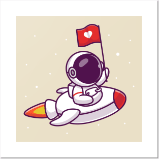 Cute Astronaut Riding Rocket With Love Flag Posters and Art